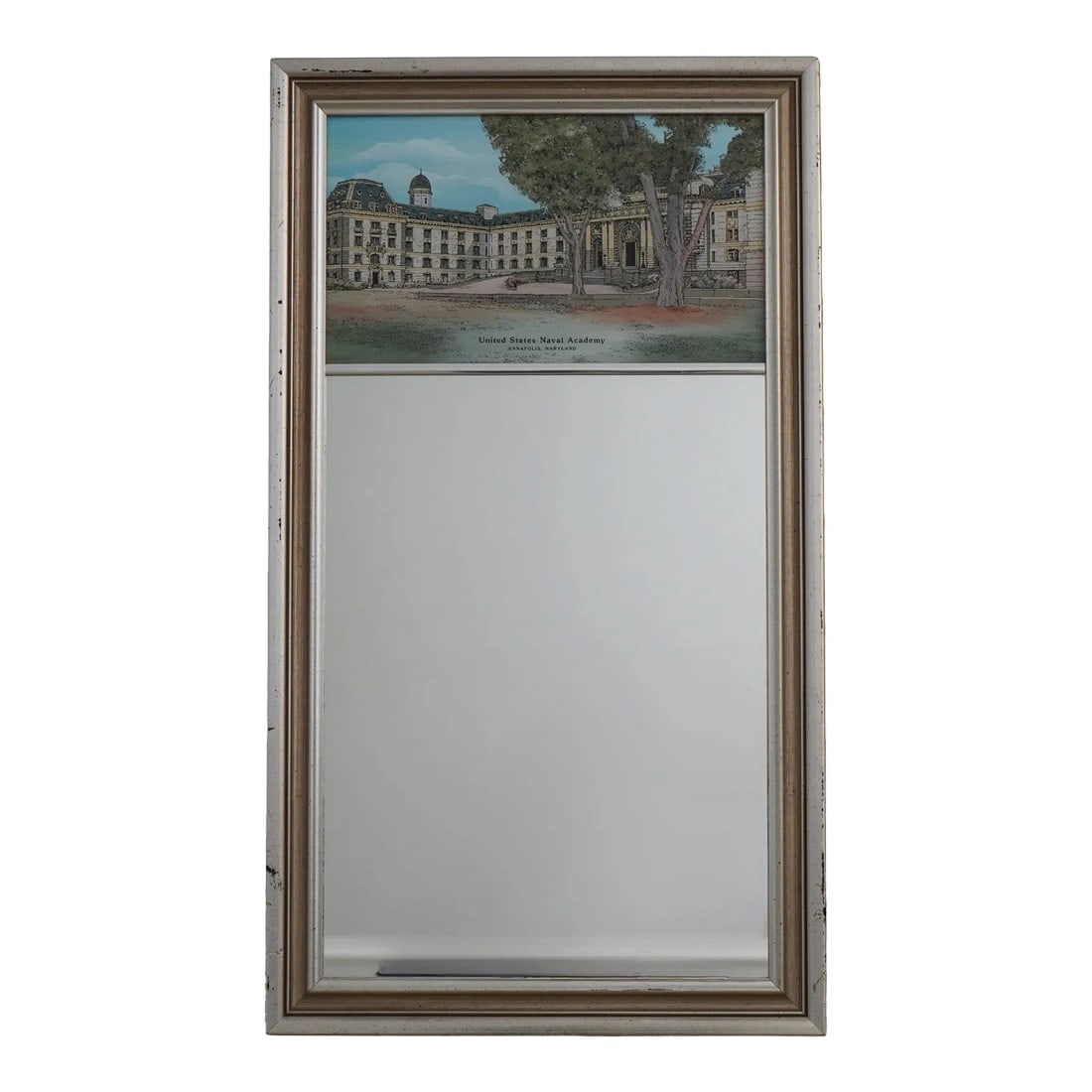 Eglomise Designs of Boston Naval Academy Mirror: Age: Approx: 40 Years Old Details: The University Series Eglomise Reverse Painted Naval Academy Top Panel Silver Gilt Finish Condition: Excellent Original Finish & Condition Size: 14.5w x 1d x 26h <b