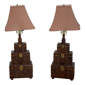 Pair Textured Leather Design Stacking Chest Lamps