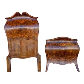 Vintage Walnut Burl Wood Bombe Headboard & Foot Board Twin