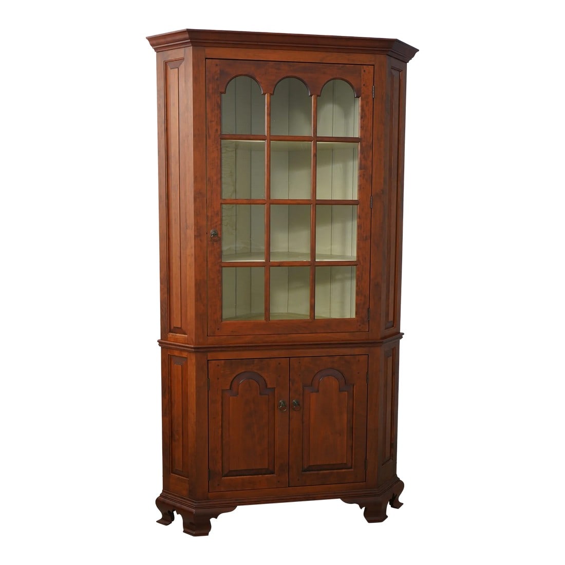 Bench Made 2 Piece Country Chippendale Corner Cabinet: Age: Approx: 25 Years Old Details: 2 Piece Construction Bench Made High Quality Construction 18 C. Design Chippendale Style Individual Antique Seeded Glass Pegged Construction Double Bracket Feet Pain