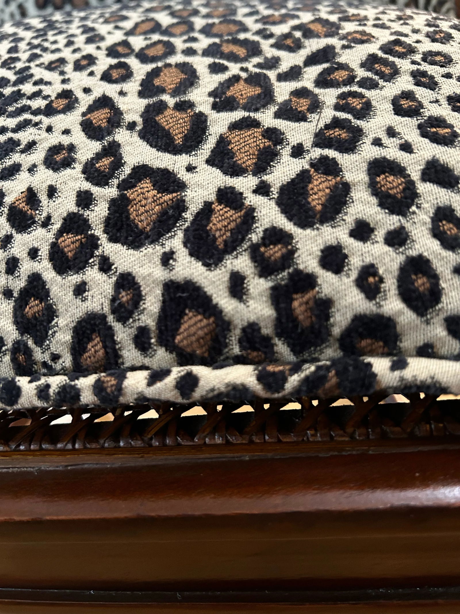 1970"s Regency Faux Bamboo Chairs With Caned Seats and Leopard Upholstery - a Pair - 10