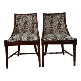1970"s Regency Faux Bamboo Chairs With Caned Seats and Leopard Upholstery - a Pair