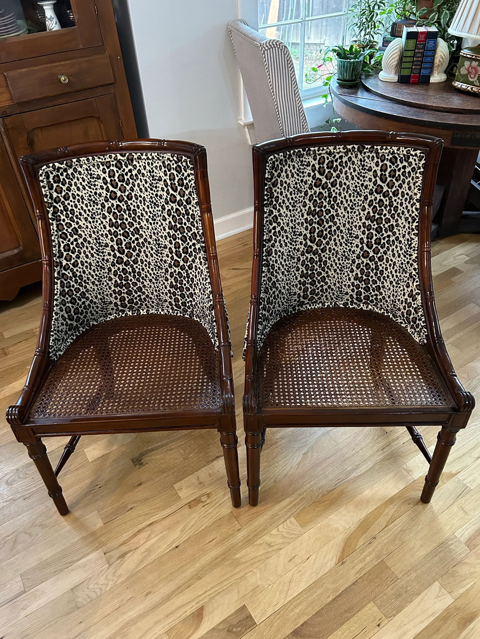 1970"s Regency Faux Bamboo Chairs With Caned Seats and Leopard Upholstery - a Pair - 2