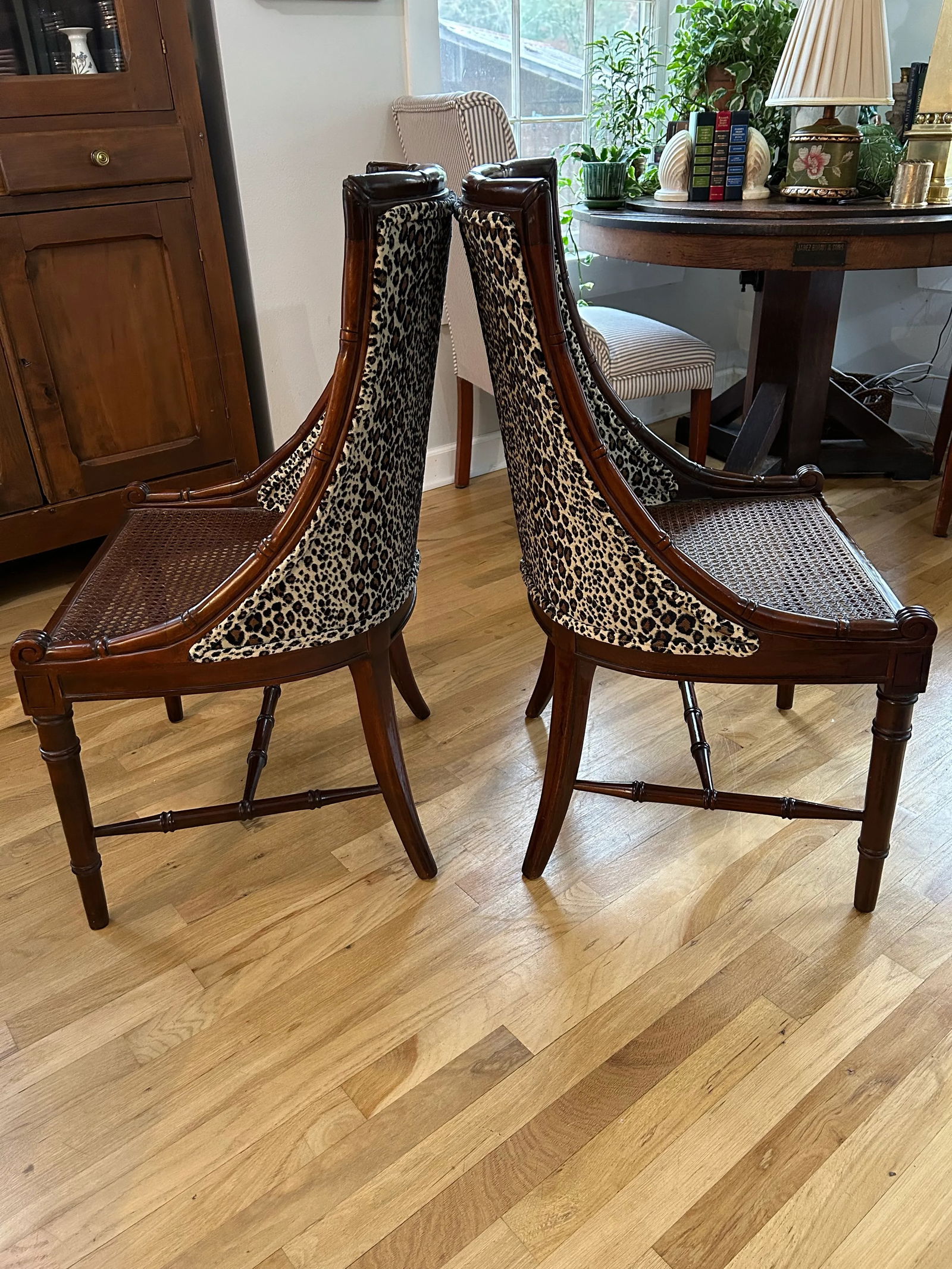 1970"s Regency Faux Bamboo Chairs With Caned Seats and Leopard Upholstery - a Pair - 3