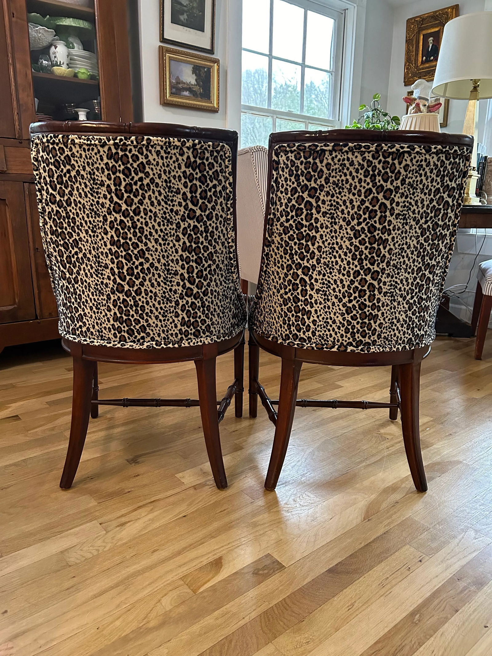 1970"s Regency Faux Bamboo Chairs With Caned Seats and Leopard Upholstery - a Pair - 4