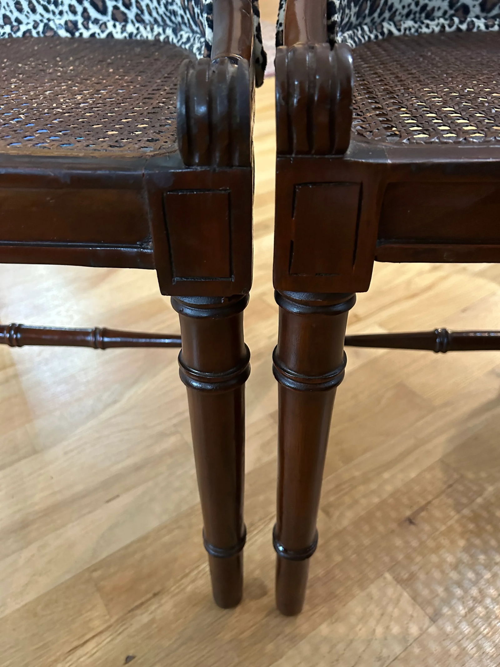 1970"s Regency Faux Bamboo Chairs With Caned Seats and Leopard Upholstery - a Pair - 5