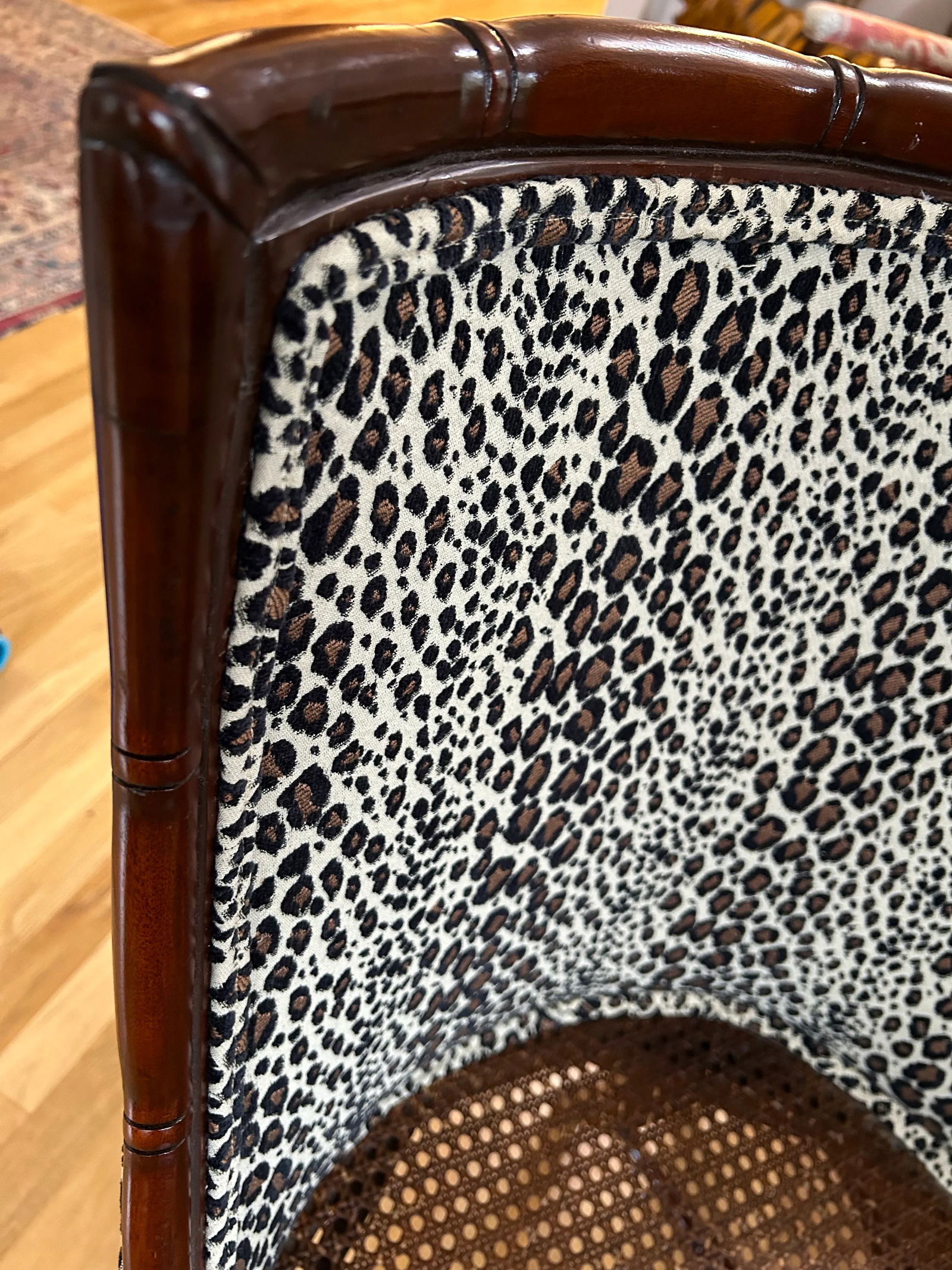 1970"s Regency Faux Bamboo Chairs With Caned Seats and Leopard Upholstery - a Pair - 7