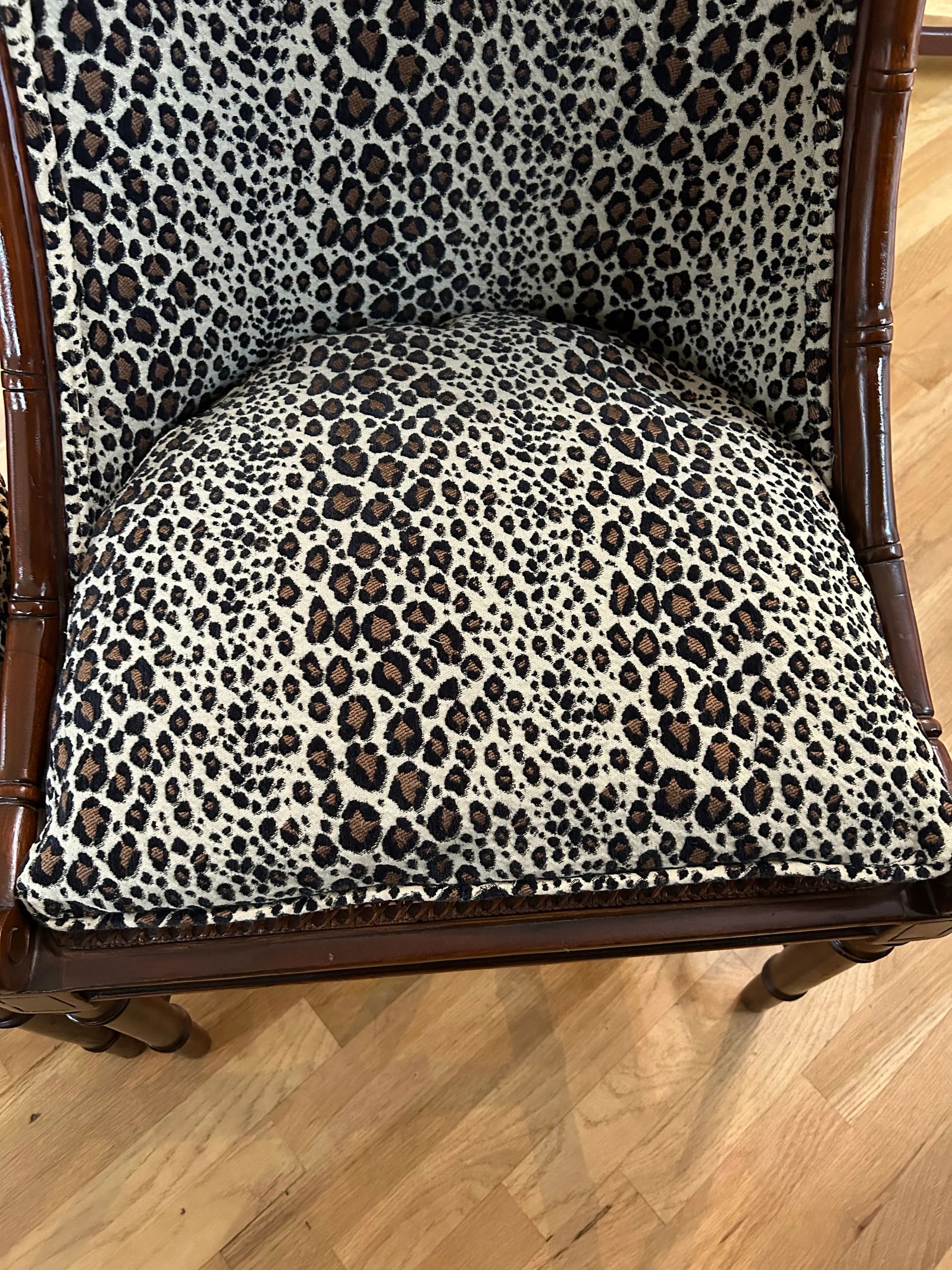 1970"s Regency Faux Bamboo Chairs With Caned Seats and Leopard Upholstery - a Pair - 9