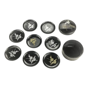 Vintage Hand Painted Lacquered Coaster Set With Covered Holder