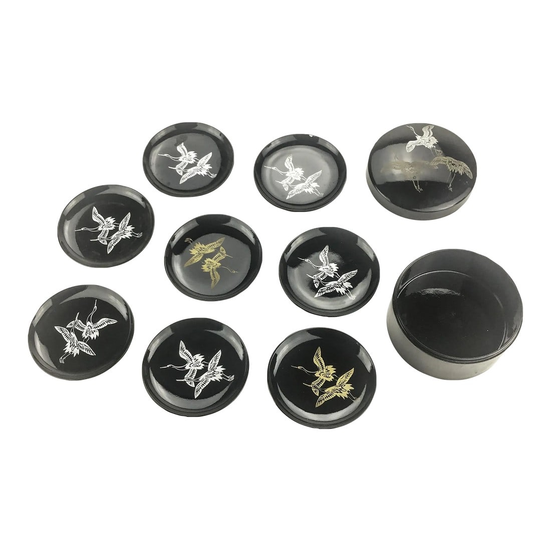 Vintage Hand Painted Lacquered Coaster Set With Covered Holder: Gifted by Japan Airlines in the 60's when the company gave beautifully designed items to their first class passengers. This set is in wonderful condition with very few scratches. Cranes are the subjec
