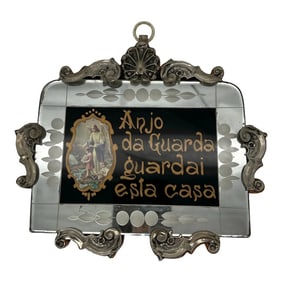 Portuguese Silver and Glass Religious Bless This House Sign