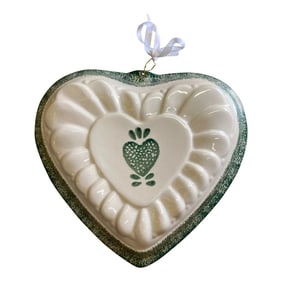 Vintage Ceramic Mold Shaped Heart Spongeware Green