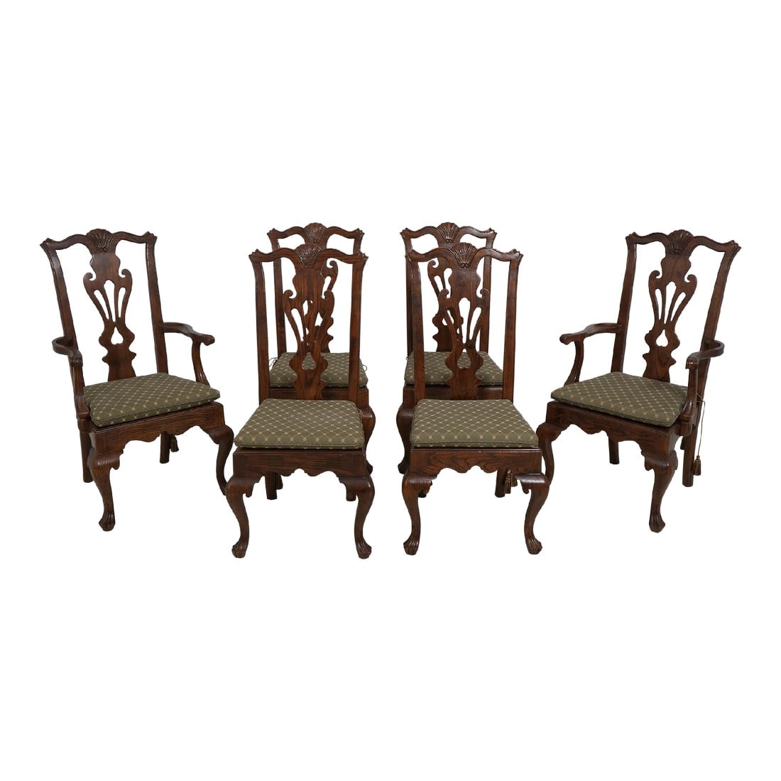 Set of 6 Henredon Oak English Chippendale Dining Chairs: Age: Approx: 20 Years Old Details: Light Factory Distressed Quality Construction Chippendale Style Drake Carved Feet Cane Seats w. Custom Cushions Condition: Excellent Clean Original Finish & Conditio