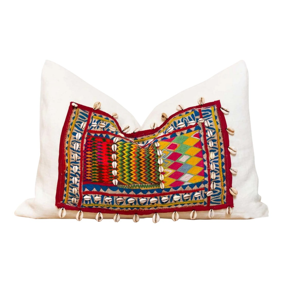 Tarbela Himalayas Tribal Antique Linen Pillow: Crafted using antique Jumlo tribe embroidered fabric, these beautiful linen pillows are truly rich in culture and color. Each pillow wears a fragment from an embroidered turban or sash worn by bridegr