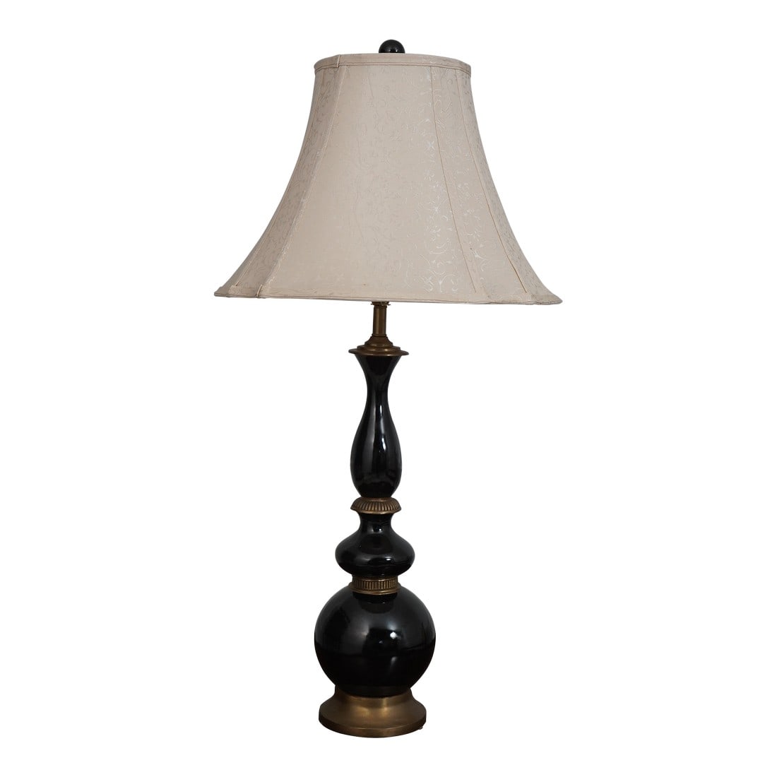 Modern Bulbous Ceramic & Brass Table Lamp: Age: Approx: 15 Years Old Details: Modern Quality Construction Quality Lamp w. Brass Base Black Ceramic Bulbous Design Condition: Excellent Original Condition Size: 7w x 7d x 37h Shade - 18w x 18d x 1