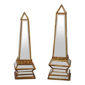 Pair Gold Gilt Beveled Mirrored Decorative Obelisk