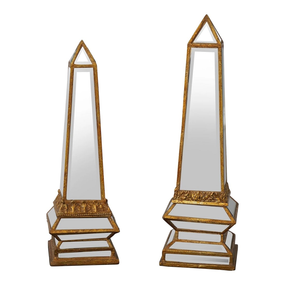 Pair Gold Gilt Beveled Mirrored Decorative Obelisk: Age: Approx: 20 Years Old Details: Nice Decorator Obelisks Nice Gold Gilt Finish Condition: Excellent Original Finish & Condition Size: 2 Different Sizes - Large - 6.5w x 6.5d x 21.5h Small - 6w x 6d
