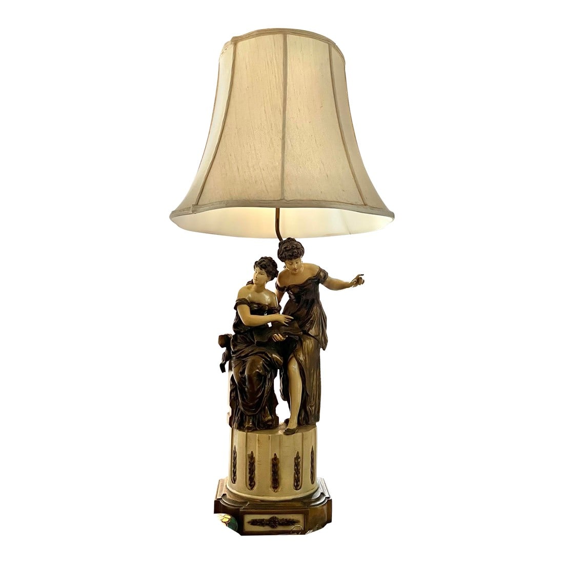 Vintage French Style Lamp Statue of Ladies Reading Book: Antique French 2 Ladies Table Lamp. The ladies are Reading a Book. 9.5" diameter without shade and 30" tall to socket . Condition: Alterations: Original Condition Unaltered Imperfections: Some Imperfe