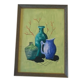 Mid 20th Century Modern Oil on Board Still Life Study Painting "Three Jugs" Artist Signed Lrs, F