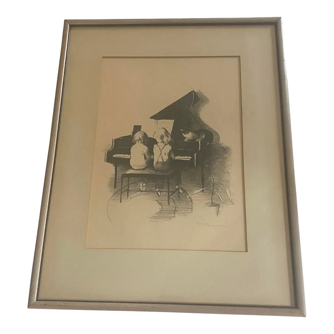Mid 20th Century Vintage Framed Signed Contemporary Original Lithograph "Duet" by Artist Margery