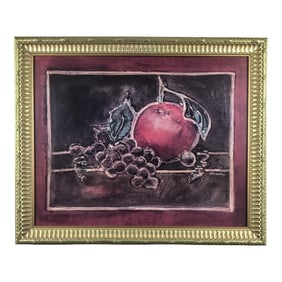 1990"s Framed Print Grapes and Plum Glass Protected