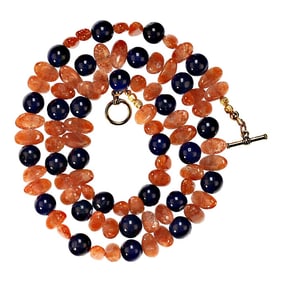 Necklace of Oval Sunstone and Blue Agate