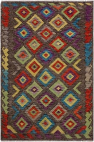 Contemporary Kilim Brown/Purple Hand-Woven Wool Rug -3'5 X 4'11
