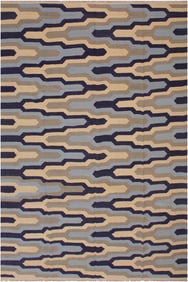 Contemporary Abstract Ivory/Blue Hand-Woven Kilim Wool Rug - 8'3 X 9'11