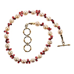 Creamy Pearls & Garnet Briolette Choker Necklace January Birthstone