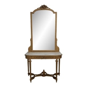 Vintage French Louis XVI Marble Top Gold Console Table W. Mirror