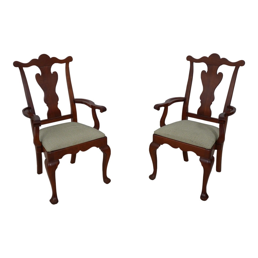 Pair of Statton Cherry Dining Room Arm Chairs: Age: C.1999 Details: New Market Finish Solid Cherry High Quality Construction 18 C. Design Traditional Style Well Cared For Upholstery Drake Foot Offered @ Fraction Original Retail Cost Condition: Exc
