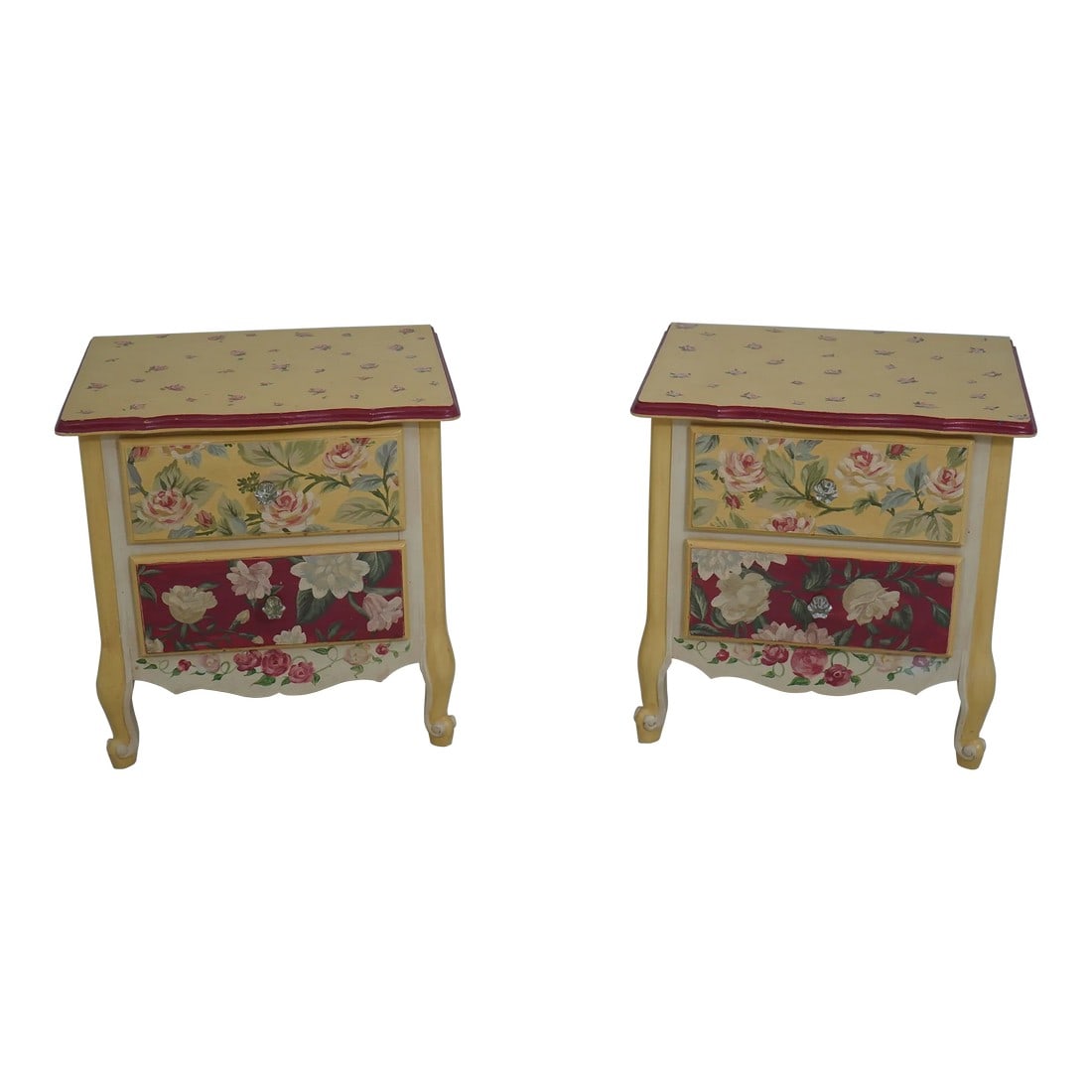 Pair Floral Hand Paint Decorated Nightstands: Age: Approx: 30 Years Old Details: Country French Style Stunning Floral Painted Finish Glass & Brass Hardware Nice Scrolled Feet See Other Offerings For Matching Bedroom Pieces Condition: Excellent Or