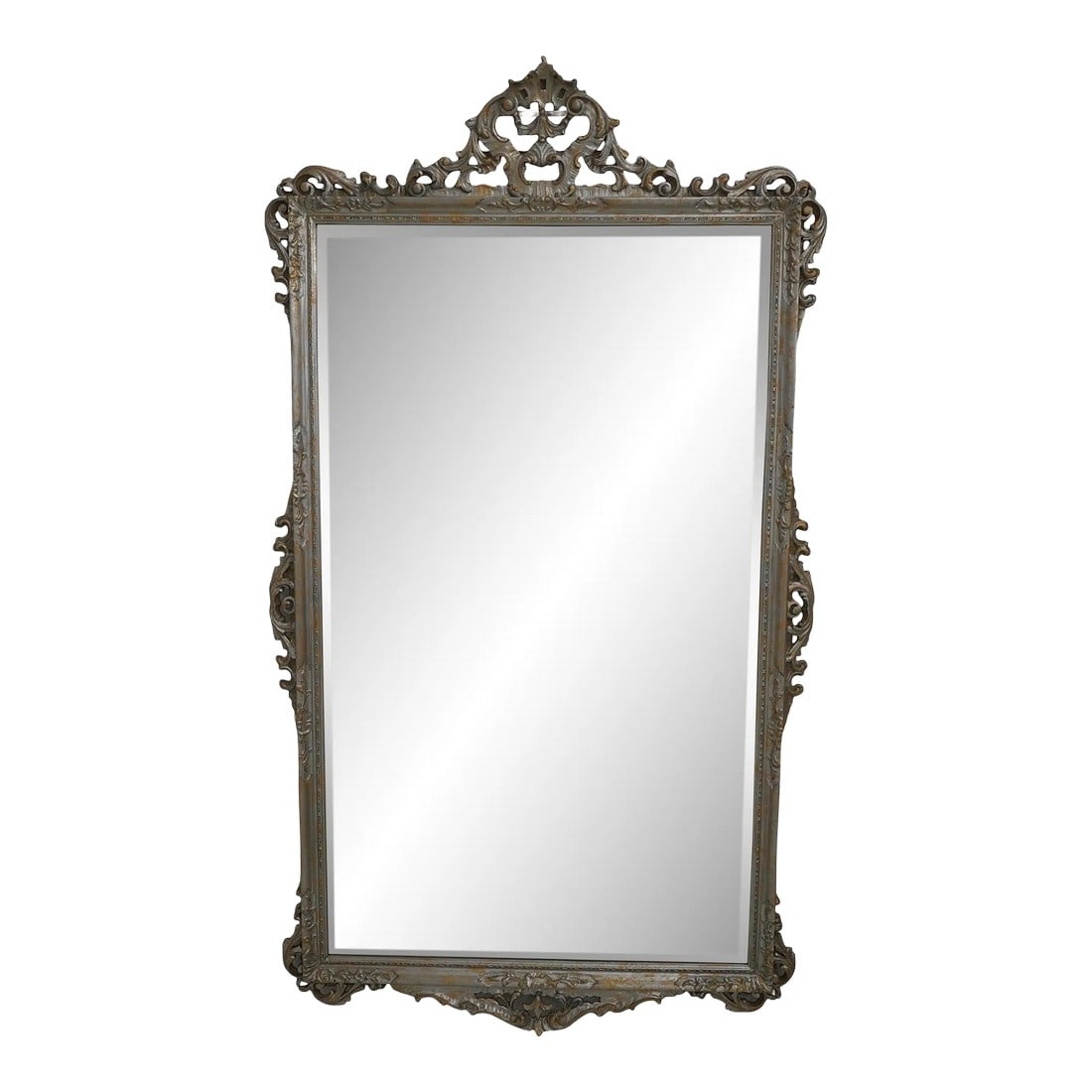 Carvers Guild Large Silver Framed Mirror: Age: Approx: 20 Years Old Details: Factory Distressed Frame Ornate Frame Beveled Glass High Quality Construction Large Impressive Mirror Silver Finish w. Gold Undertones Condition: Excellent Clean Ori