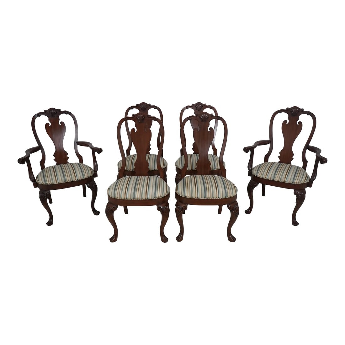 Set of 6 Ethan Allen Philadelphia Mahogany Dining Room Chairs: Age: Approx: 20 Years Old Details: Quality Construction Philadelphia Queen Anne Style Shell Carved Crest Condition: Excellent Clean Original Finish & Condition Few Spot Stains To Upholstery Size: 23w