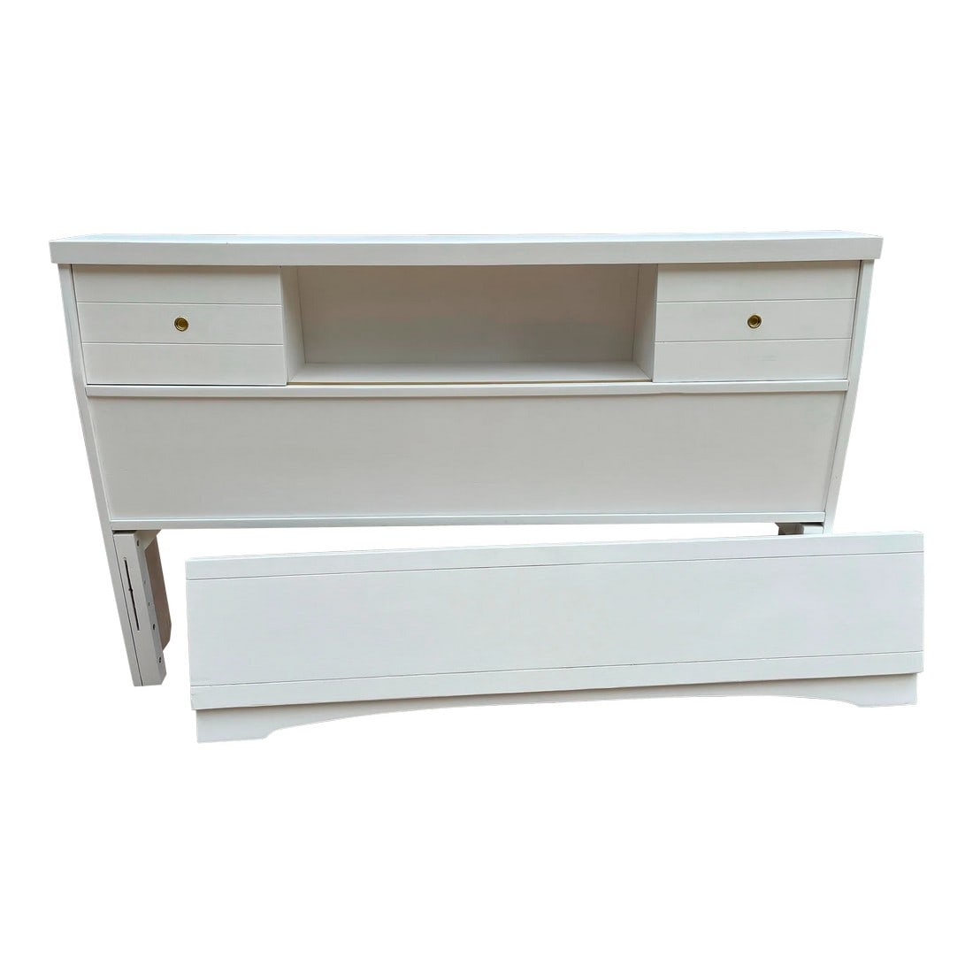 Vintage Full Size Bookcase Bed Frame- Head and Footboard Set of 2- Newly Painted: A beautiful newly painted full size head and footboard. The headboard is in a bookcase style with sliding doors and three compartments for storage of items or books. Holes in the back panel allow for