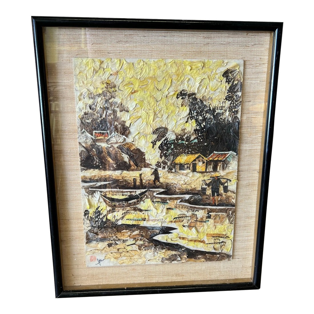 Vintage Asian Village Butterfly Wing Art Signed: Gorgeous and unique vintage Chinese collage art using butterfly wings. Framed art piece depicting a village scene by a river. Signed on the bottom. Asian art utilizing butterfly wings includes traditi
