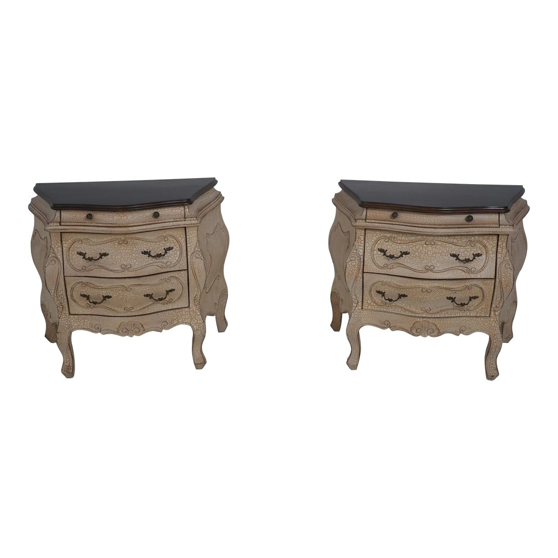 Pair Italian Crackle Finish Commode Nightstands: Age: Approx: 30 Years Old Details: Factory Distressed Walnut Finish Tops Nice Carved Details Quality Construction Nice Crackle Painted Finish Base Italian Style Condition: Excellent Original Finish &