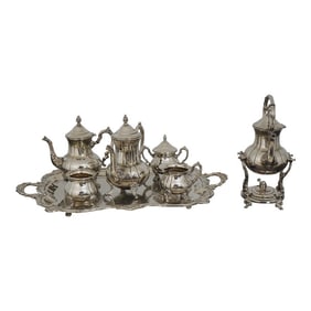Outstanding 7 Piece Silverplate Tea Set W. Kettle on Stand