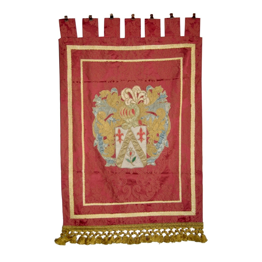 French Knight Family Crest or Coat of Arms 19 Century: This family crest is absolutely splendid , very elegant and sophisticated you will find a lot of attention to details , made out of silk and metallic trim applied to a damask silk the result is stunni