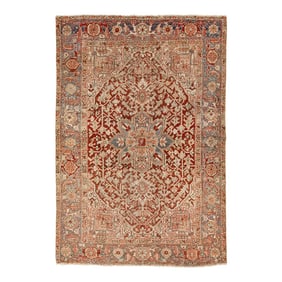 5 X 7 Vintage Persian Heriz Wool Rug in Red With a Medallion Design