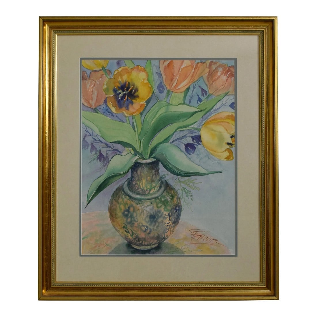 Professionally Framed & Matted Gold Leaf Framed Still Life Watercolor (1 of 6)