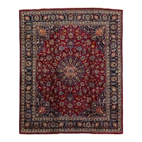Vintage Mashad Persian Wool Rug in Red With Rossette Motif