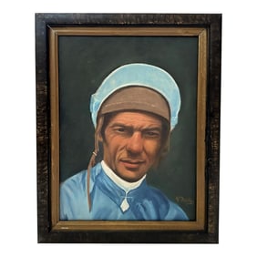 1960s "Lester Piggott" Horse Jockey Painting Oil on Canvas Board by G. Dorling