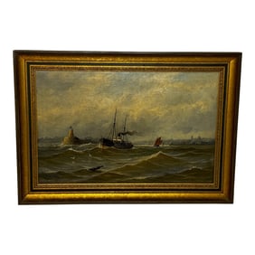 Victorian Oil Painting Nautical Pilot Tug Boat on Tyne Tynemouth Lighthouse by John Davison Liddell