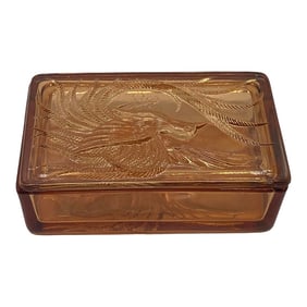 Vintage Indiana Glass Company Tiara Glass Amber Trinket Box With Bird of Paradise Design
