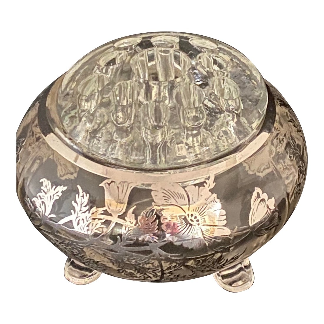 1930s Viking Flowerrite Footed Glass Vase With Sterling Silver Floral Overlay and Fitted Stem Holder: Elevate your home decor with this stunning 1930s Viking Flowerrite footed glass vase, beautifully adorned with intricate sterling silver floral overlay. This exquisite piece features a fitted stem hol