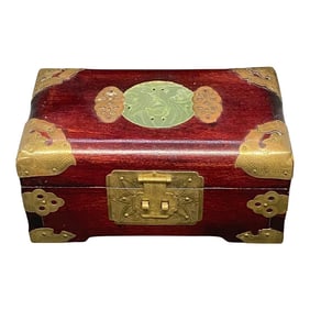 Mid 20th Century Chinese Mahogany Wood & Brass Jewelry Box With Carved Jade Insert and Interior Red
