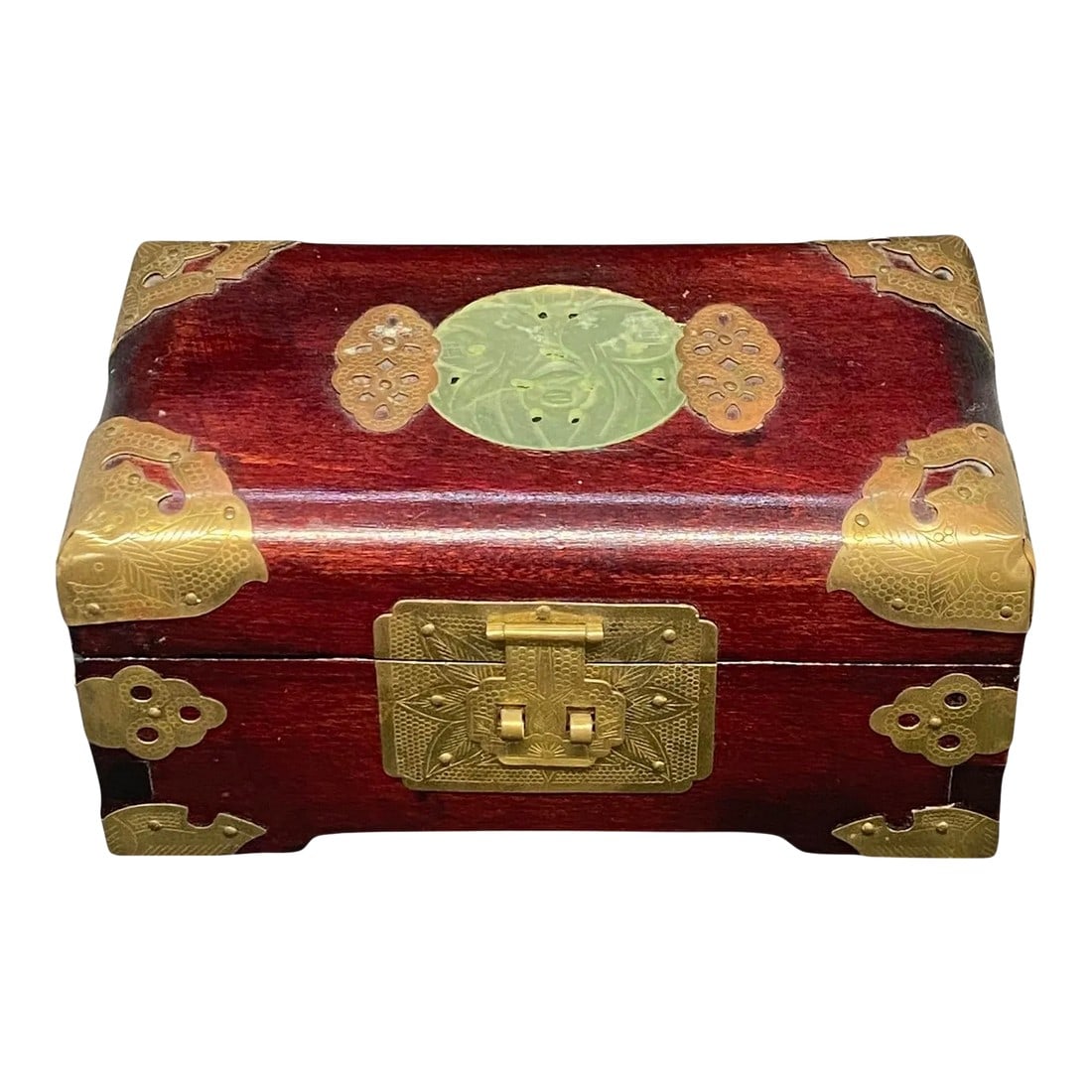 Mid 20th Century Chinese Mahogany Wood & Brass Jewelry Box With Carved Jade Insert and Interior Red (1 of 12)