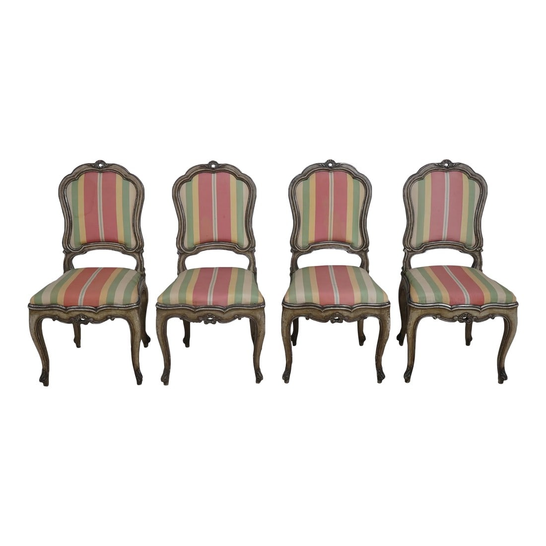 Set of 4 Vintage French Louis XV Chrome Dining Chairs: Age: C.1930s Details: French Style Polychrome Painted Finish Some Distressing To Paint Condition: Excellent Condition - Minor Signs Of Light Household Use-Age Size: 20w x 22d x 38h Seat height: 18 <br