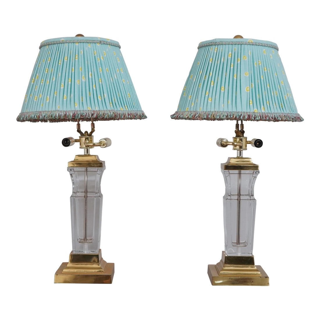 Pair 1990s Crystal & Brass Table Lamps With Shades: Age: Approx: 25 Years Old Details: Quality Construction Bright Modern Color & Print Shades Nice Decorative Lamps Condition: Excellent Original Finish & Condition Minor Tarnishing To Brass Size: 6w x 6